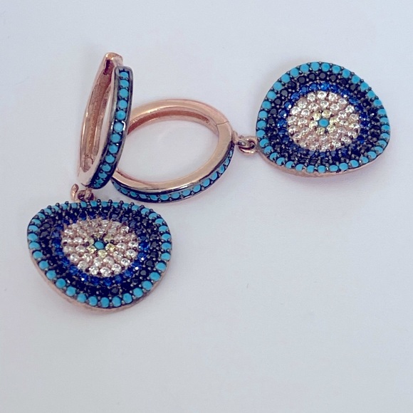 🧿 925 Silver earrings cz fancy evil eye hoop - Picture 3 of 5